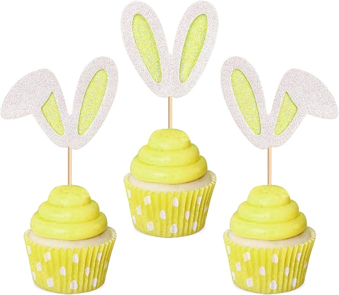Ercadio 24Pcs Easter Bunny Ear Cupcake Toppers Glitter Yellow Rabbit Ears Cupcake Picks Easter Bunny Cupcake Decors for Rabbit Baby Gender Reveal Kids Birthday Baby Shower Party Supplies