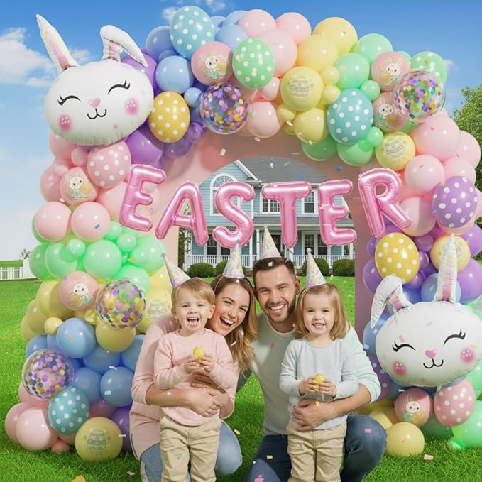 Easter Balloon Garland Kit 168Pcs, Pastel Rainbow Balloon Arch Kit with Bunny Foil, Printed Balloons Spring Colorful Balloon for Spring Easter Baby Shower Birthday Party Decorations