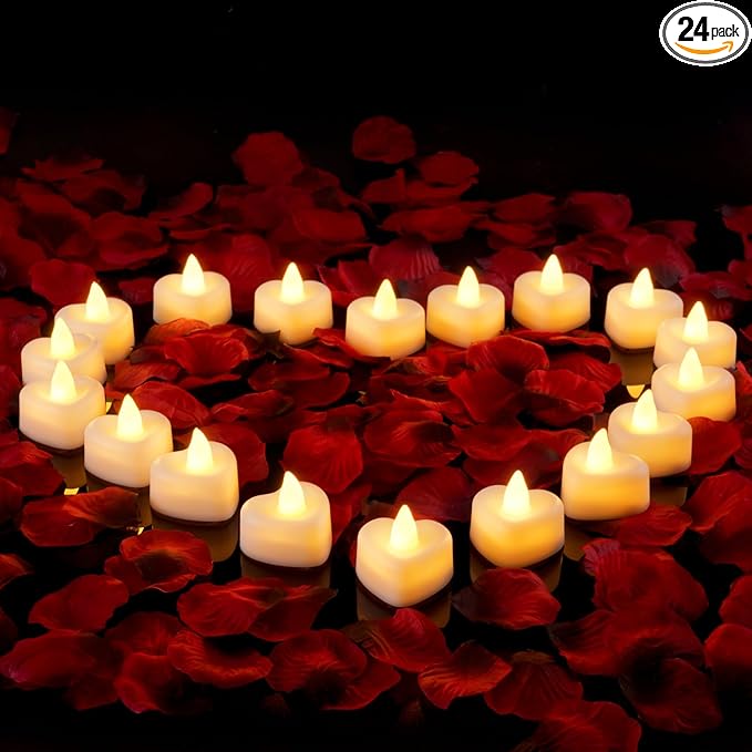 Amagic 2000 Pieces Artificial Rose Petals with 24 Heart LED Tea Lights Candles Kit, Rose Petals and Candles Set for Proposal, Anniversary, Special Romantic Night, Wedding Table Decor, Birthday