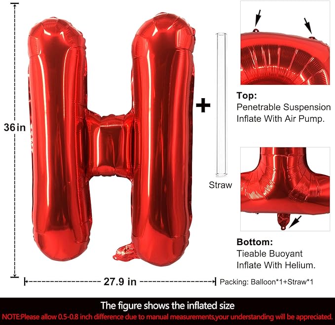 Lovoir 40 Inch Large Red Letter H Balloons Big Size Jumbo Mylar Foil Helium Balloon for Birthday Party Celebration Decorations Alphabet Red H
