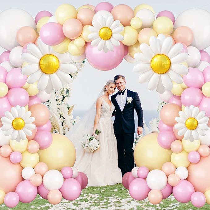 Daisy Flower Balloon Garland Arch Kit 137 pcs Groovy Flower Foil Balloons Boho Pastel Pink Yellow White Orange Birthday Party Decorations for Girls Bridal Baby Shower Wedding Carnival Holiday