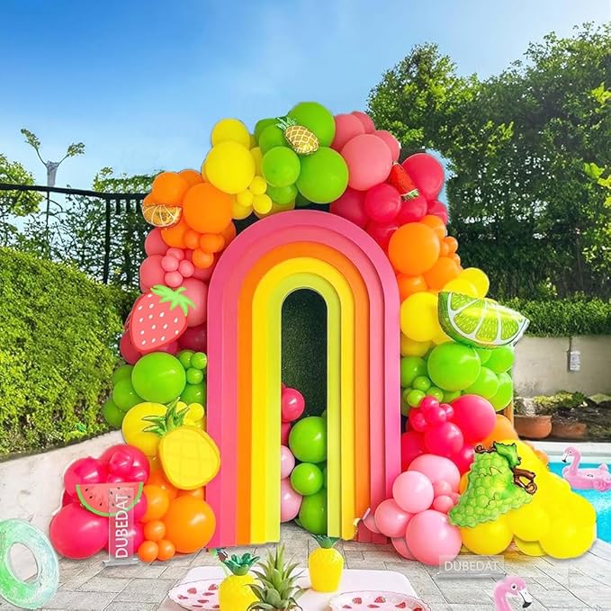 Fruit Balloon Garland Arch Kit Pink Rose Red Yellow Green Orange Balloons with Watermelon strawberry Lemon Orange Foil Balloons for Twotti Fruity Party Decorations Sweet Birthday Party
