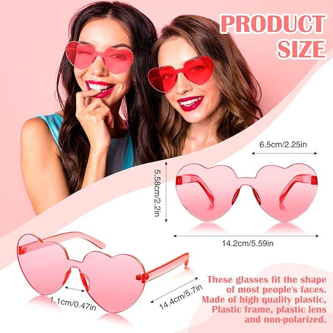TOODOO 4 Pack Heart Shaped Sunglasses Rimless Candy Color Eyewear Galentine Valentines Accessories