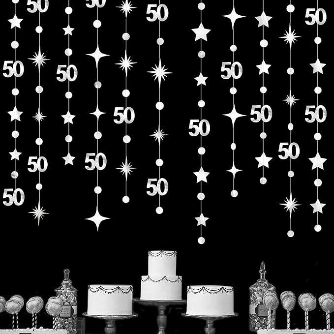 Silver 50th Birthday Decorations Number 50 Circle Dot Twinkle Star Garland Metallic Hanging Streamer Bunting Banner Backdrop for 50 Year Old Birthday Happy 50th Anniversary Fiftieth Party Supplies
