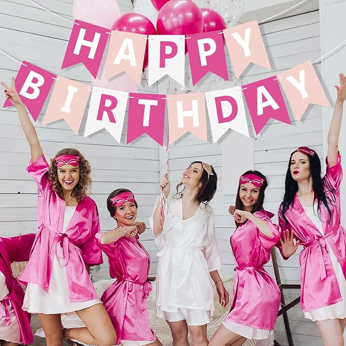Happy Birthday Banner Sign, Birthday Garland Wall Door Hanging Banners Flag for Women Men Boys Girls Party Backdrop Decorations, Personalized Name Banner White Letters Pink and White ﻿