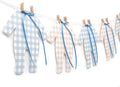 Blue and Cream Baby Onesie Garland – 8 PCS Big Size Baby Shower Banner, Baby Clothesline Garland, Blue Plaid Baby Bodysuit Cutouts for Gender Neutral Baby Shower or Nursery Decor