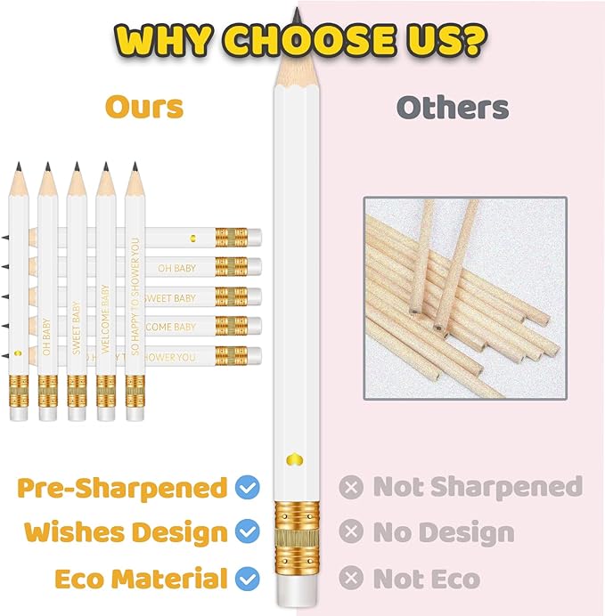 50Pcs – Baby Shower Sharpened Half Pencils with Erasers, Pre-sharpened Pencils for Baby Shower Games, 4 Inches