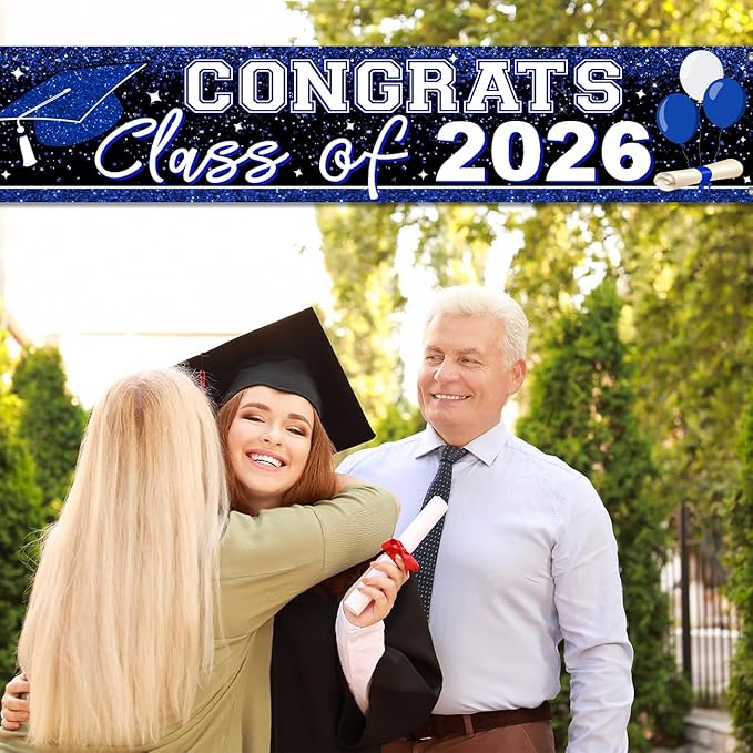 2026 Graduation Yard Sign Large Congrats Grad Banner Blue Class of 2026 Banner for Graduation Party Decorations 2026 (Blue)