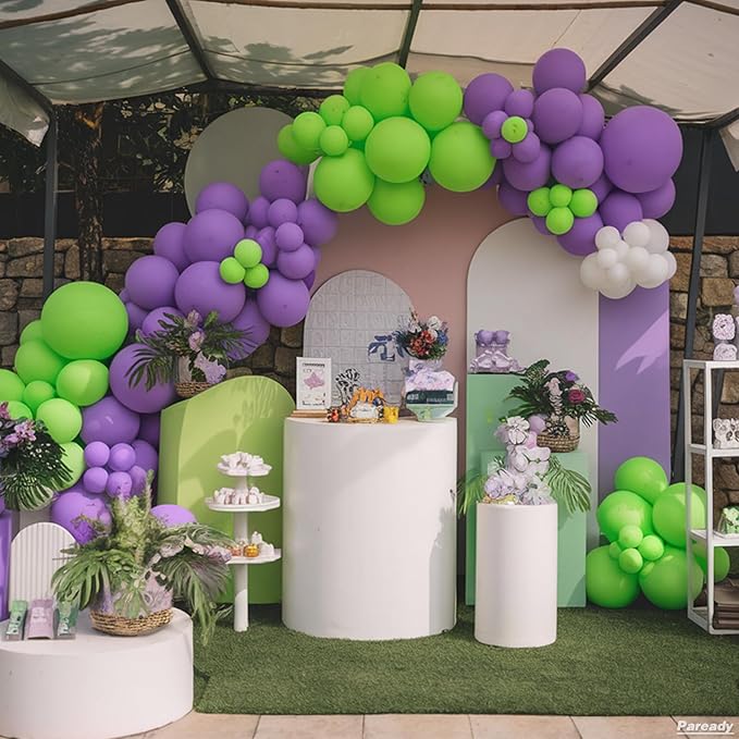 Green Purple White Balloon Arch Kit, 120pcs Lemon Green Retro Purple Balloons With Purple Foil Star Balloon Different Sizes For Outer Space Themed Birthday Baby Shower Party Decorations