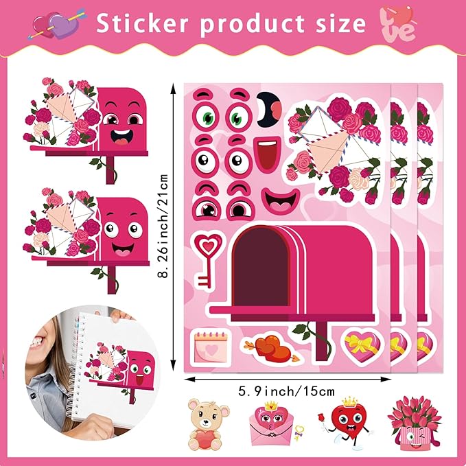 32 Sheets Valentine Stickers for Kids Toddlers, Make a Face Sticker Love Cake Bear Cupid Stickers for Kids Make Your Own Sticker Valentines Day Activities Party Favors