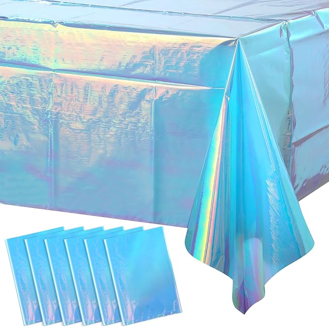 6 Pack Iridescent Blue Plastic Tablecloth, Shiny Blue Disposable Laser Rectangle Table Covers, Blue Holographic Foil Tablecloth Party Decorations for Birthday Bridal Wedding Christmas, 40 x 108 Inch