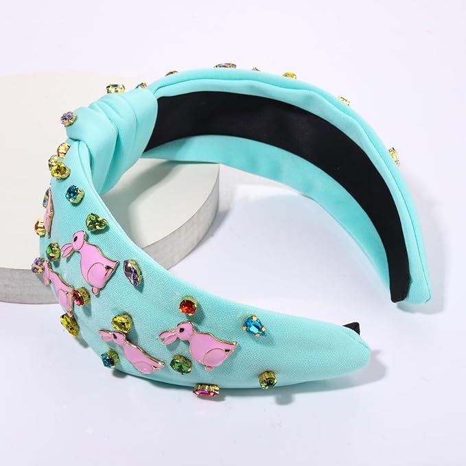 Easter Headbands for Women Girls Cute Easter Bunny Headband Jeweled Crystal Embellished Knotted Headband Holiday Party Hair Accessories (Bunny Blue)