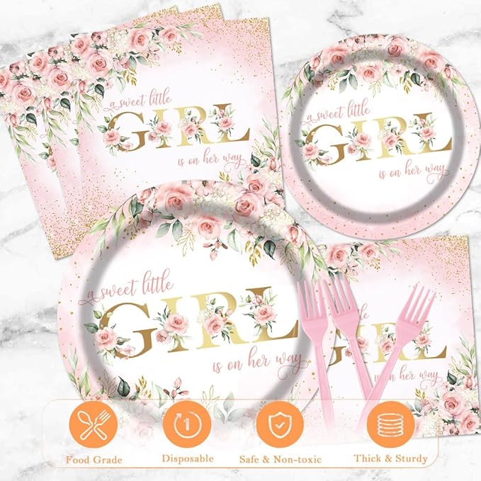 Girl Baby Shower Party Tableware Set 96 Pcs Pink Floral Sweet Baby Disposable Plates Napkins Forks A Sweet Little Girl is on Her Way Party Supplies for Girls Serve 24 Guests