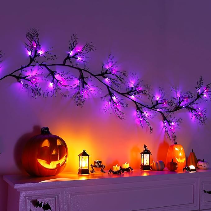 Joyhalo Halloween Garland with Lights Decorations with Bat Lights,Battery Operated 6FT 48 LED Halloween Willow Vine Twig Garland for Mantle,Wall,Fireplace and Halloween Decorations