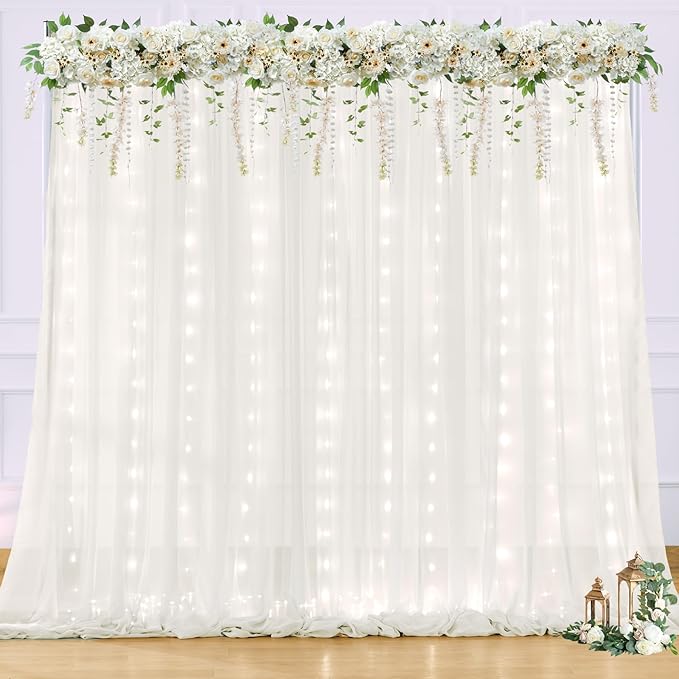 10x10ft Cream White Chiffon Backdrop Curtain with Lights String for Wedding Sheer Tulle Curtain Photo Backdrops Drapes for Baby Shower Birthday Party Home Ceremony Decorations