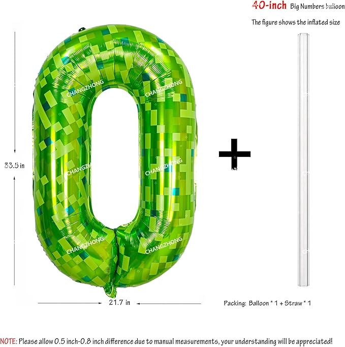 40 inch giant Green pixel miner game number 0 balloon Large mining theme foil balloon 0-9 Suitable for pixel game parties children's birthdays party anniversary celebrations baby shower decoration