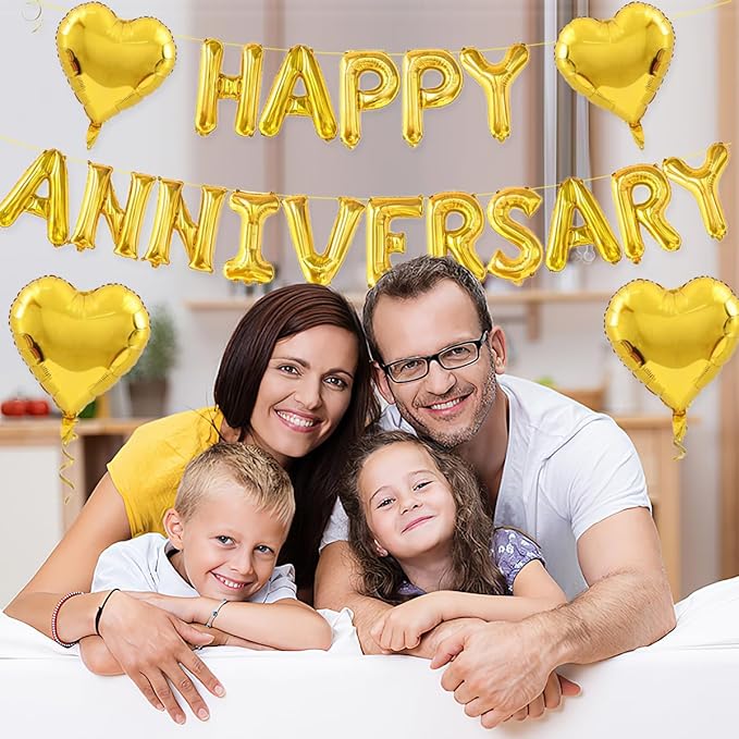 2 Set 16Inch Happy Anniversary Balloons Letters Banner, Happy Anniversary Decorations, Happy Anniversary Balloons Sign for Valentines Day/Wedding Anniversary Party Decorations (Gold Happy Anniversary)