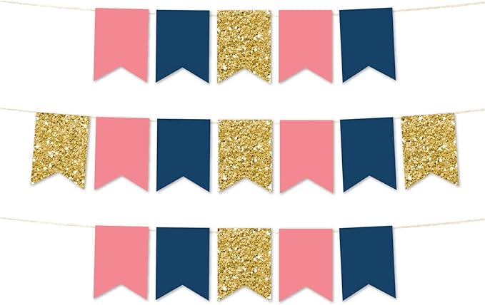 Andaz Press Hanging Pennant Banner with String, Coral, Navy, Faux Gold Glitter, 1-Set, 24 Pennants, Approx. 12-Feet Long