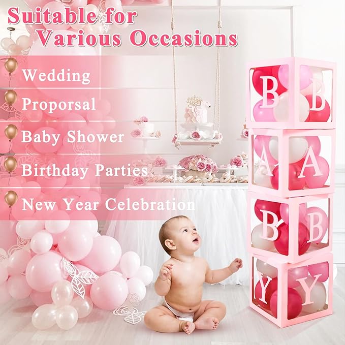 Ledido 2026 Graduation Balloon Boxes Decorations, 4 Pieces Pink Clear Grad Balloon boxes with Letters, Class of 2026 Graduation Party Supplies for College, High School, Prom, Birthday, Baby Shower