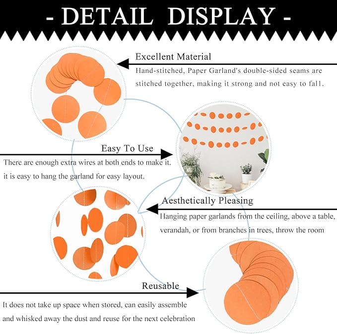MerryNine Paper Garland 5 Pack, 65 Ft Paper Garland Circle Dots Hanging Decor, Banner for Baby Shower, Birthday, Nursery Party Decor (Orange)