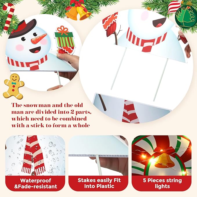 Macarrie Outdoor Christmas Decoration - 5 Pieces Joy Yard Sign with Lights String, Xmas Santa Snowman Lawn Stakes for Outside Holiday Walkway Party Decor