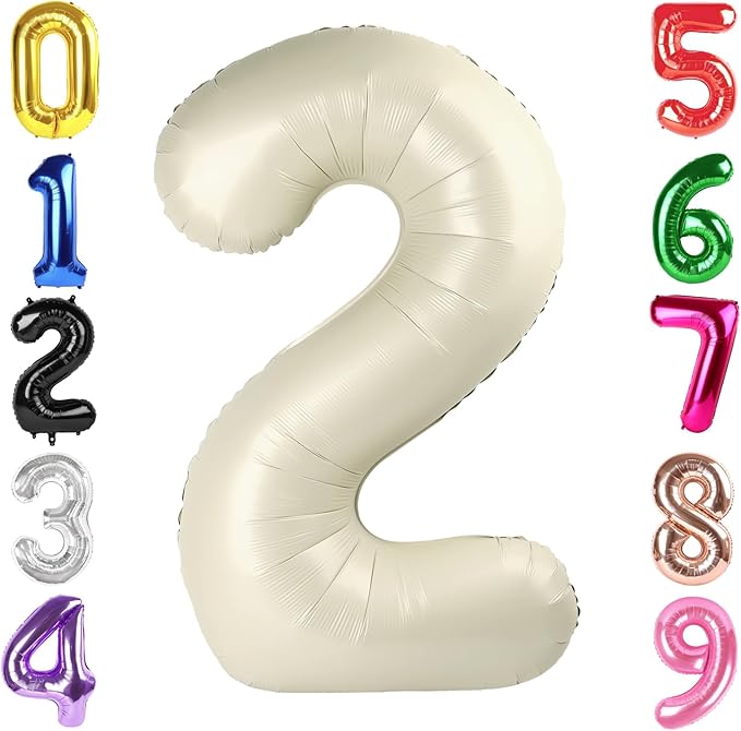 40 Inch Cream Number 2 Balloon, Giant 2 Number Balloons for 2nd Birthday Decorations, Party Supplies for Baby Boy Girl, Cream Party Decor