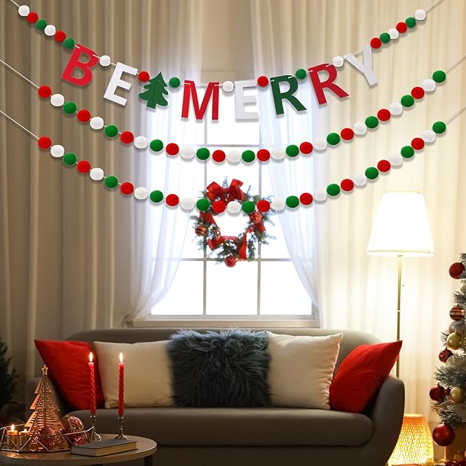 Breling 3 Pieces Christmas Felt Ball Garland 10ft Christmas Pompom Decorations Happy Holidays Banner Mantle Fireplace Room Xmas Party Hanging Decor (Red, Green, White)
