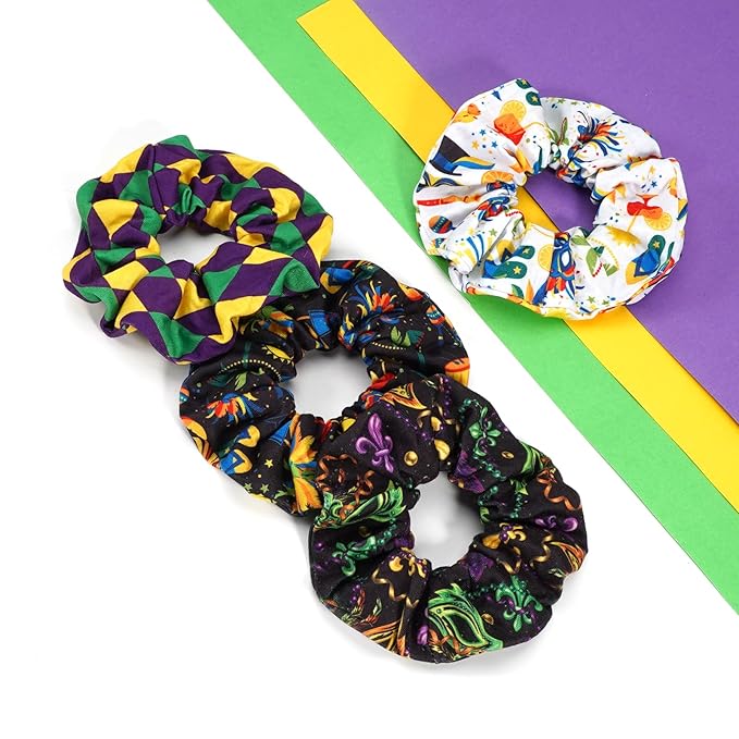 Mardi Gras Hair Ties for Women Girls Purple Fleur De Lis Mask Hair Scrunchies Elastics Hair Bands Scrunchy Ropes Carnival Celebrations Party Hair Accessories 4PCS