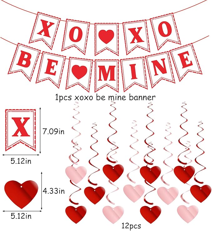 Galentines Party-Decoration Valentines Heart Garland - 25pcs Red Rose-Gold Paper Streamers Honeycomb Fans XOXO BEMINE Banner, Anniversary Baby Shower Wedding Love Hanging Supplies Decor Hugfond