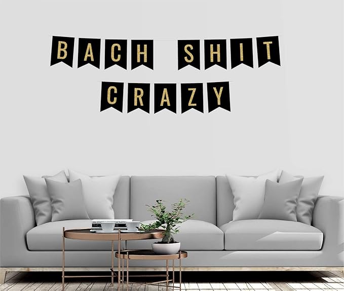 Andaz Press Faux Gold Glitter on Black Bridal Shower Bachelorette Party Banner Decorations, Bach Shit Crazy, Approx 5-Feet, 1-Set, Colored Hanging Pennant Decor