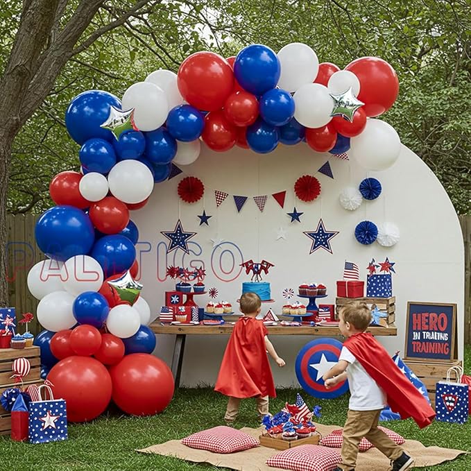 Red White and Blue Balloon Arch Kit with Silver Star – Double-Stuffed Balloons in 5"/12"/18" for 4th of July, Graduation, Patriotic Birthday, Baseball Party Decorations