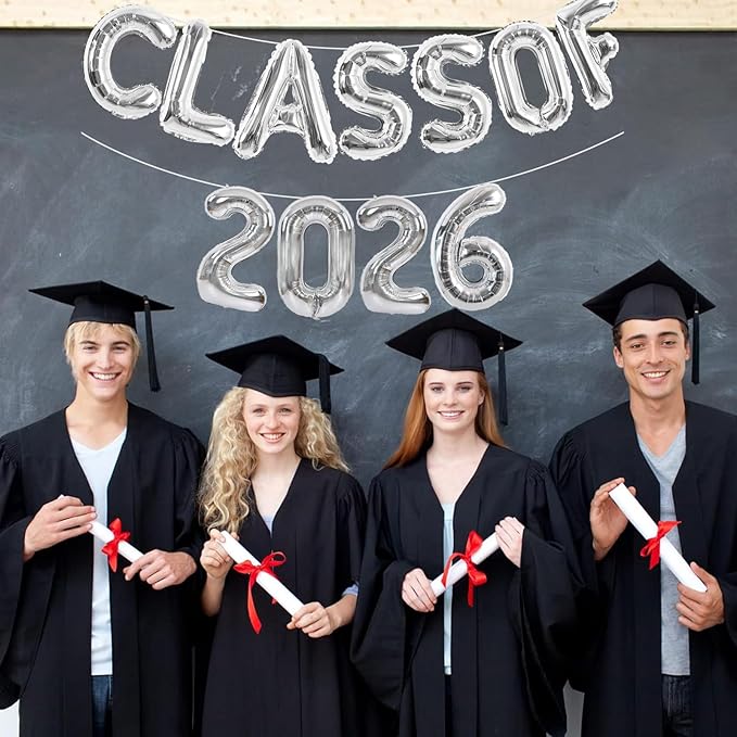 TONIFUL Silver Class of 2026 Graduation Balloon Banners Foil Balloons Decorations 2026 Congrats Grad Balloons for Class of 2026 Congratulation Graduations Party Supplies