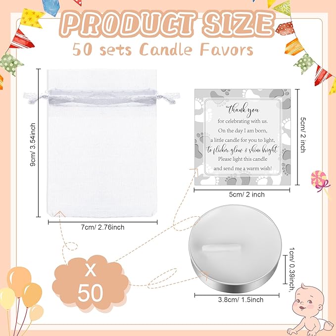 50 Sets Baby Shower Party Favors Including 50 Pcs Unscented Tealight Baby Shower Candles Gift Bags Cards for Gender Reveal Party Supplies(White Silver)