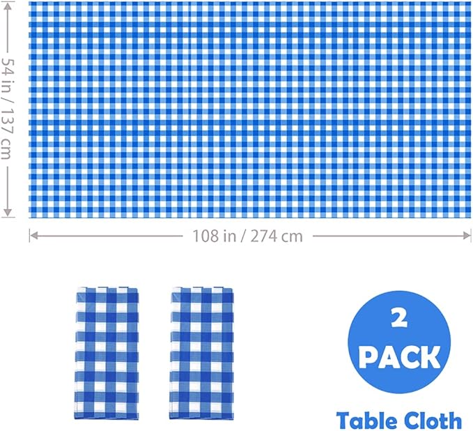 Yancorp 2 Pack Plastic Blue and White Checkered Tablecloths 54 x 108 Inch Picnic Table Covers Disposable Table Covers for Rectangle