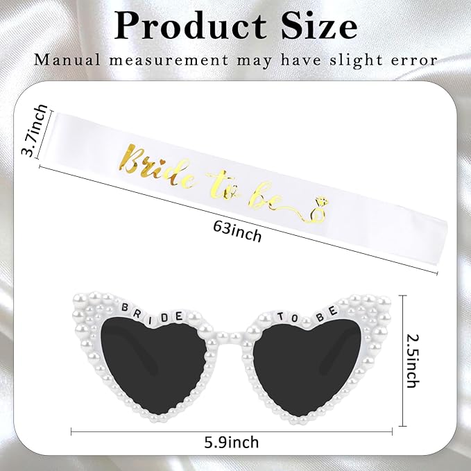 Bride to Be Set: Pearl-Trimmed Heart Sunglasses, Pearl BRIDE Sash & Tulle Veil - Bachelorette Party Bridal Accessories