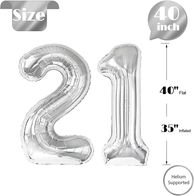 21 Balloon Number, Silver Number 21st Birthday Balloons 40 Inch, 21 or 12 Years Old Silver Birthday Decorations for Men Women Him Her, 21st Anniversary Decorations