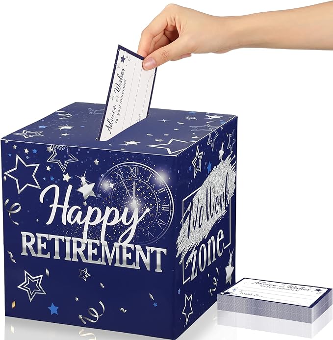 Funrous 51 Pcs Retirement Card Box Advice & Well Wishes Cards for Women Men Happy Retirement Party Decorations Going Away Party Favors(Blue and Silver)