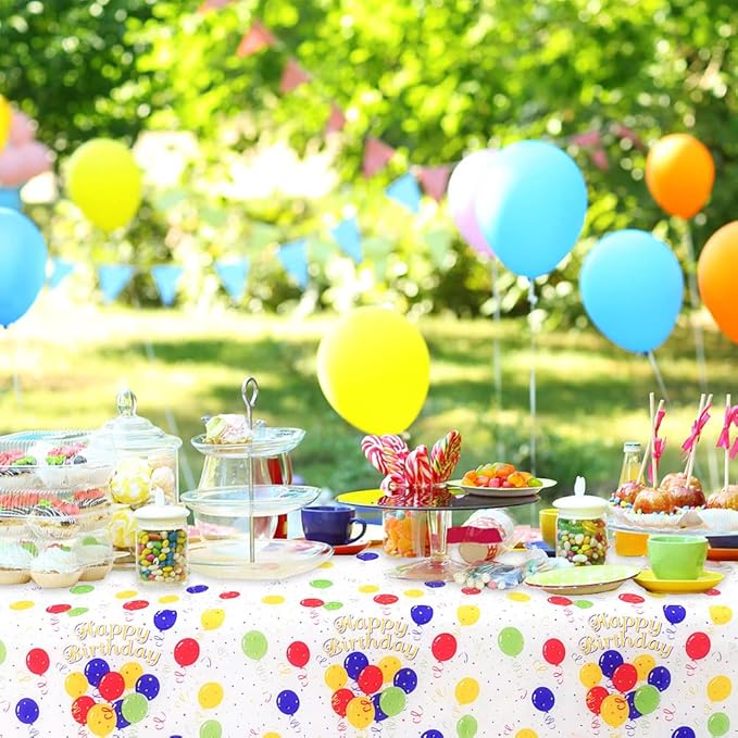 Mulbozy 4 Pcs Birthday Tablecloth Disposable Plastic, Colorful Balloons Confetti Happy Birthday Table Covers for Parties Decoration Supplies, 108 x 54 inch