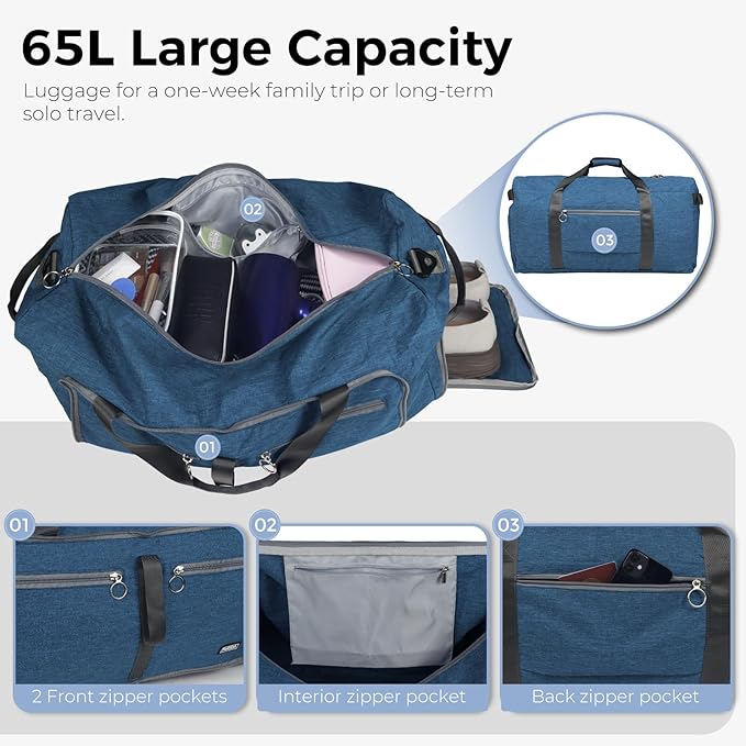 Fmeida 65L Duffle Bag with Shoes Compartment, Foldable Travel Duffel Bags for Men Women, Large Packable Travel Bag Water Repellent & Tear Resistant (Blue)