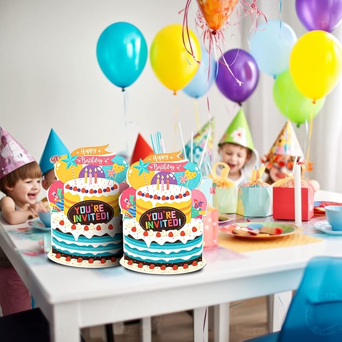 WISHGIFT 25Pcs/Set Birthday Party Cake Invitations with Envelopes, Kids Birthday Party Invitations, Perfect For Girls Boys Kids Birthday Party Celebration Decorations