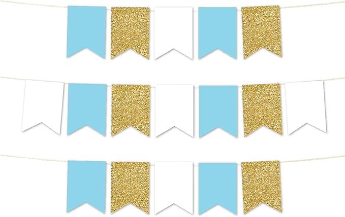 Andaz Press Hanging Pennant Banner with String, Baby Blue, White, Faux Gold Glitter, 1-Set, 24 Pennants, Approx. 12-Feet Long, Boy's 1st Birthday Baptism Communion Theme Colored Supplies