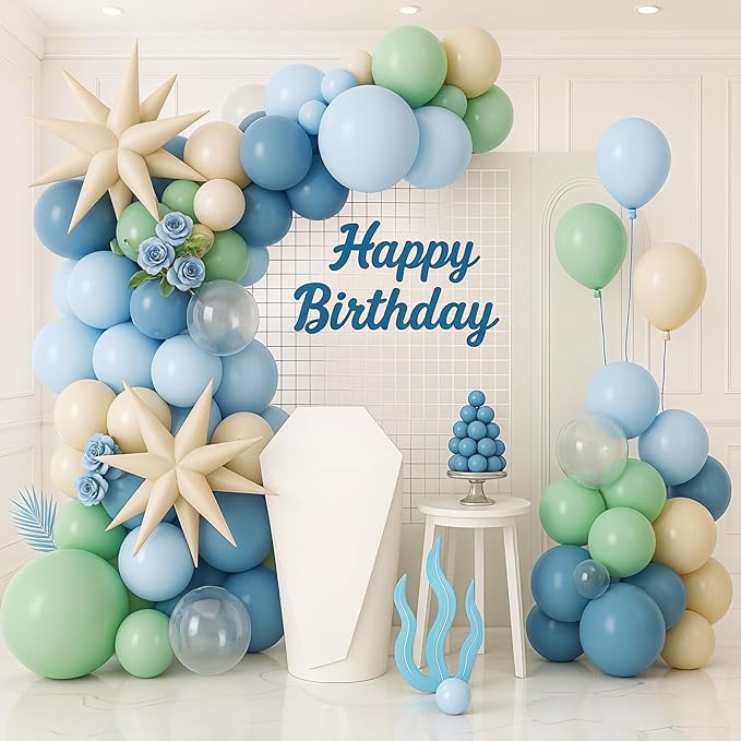 Under the Sea Balloon Arch Garland Kit with Dusty Blue Pastel Green Sand White Star Foil Balloon for Ocean Themed Birthday Baby Shower Party Decorations