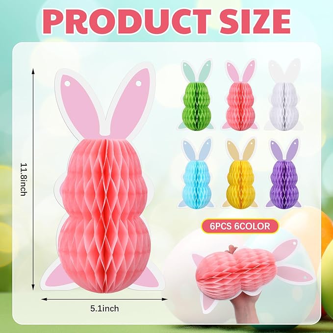 6 Pcs Easter Bunny Honeycomb Decorations Honeycomb DIY Table Centerpieces Set Colorful Spring Easter Ornaments for Bunny Themed Birthday Garden Egg Hunt Party Supplies