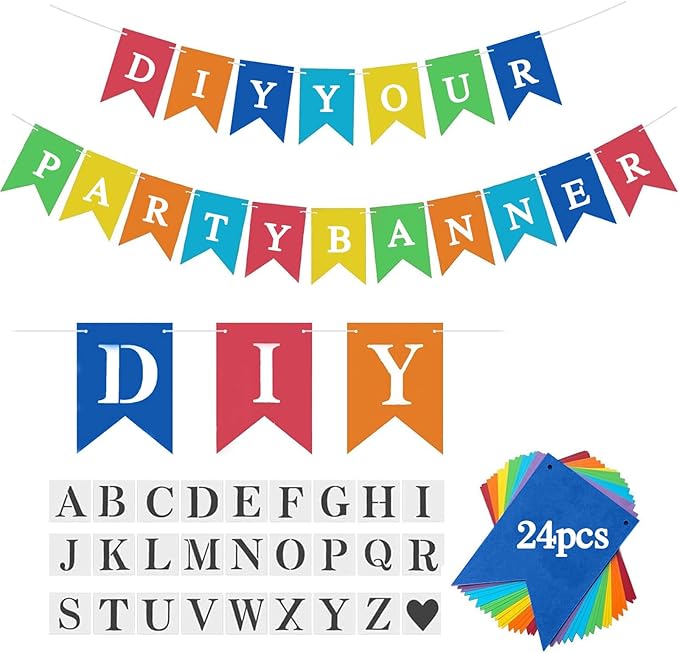 DIY Rainbow Banner Kit – 24pcs Colorful Paper Pennants with A-Z Letters & Heart Stencil – Customizable Phrase Banner for Birthday, Wedding, Baby Shower & Party Decor (5.1x7.1 inch)