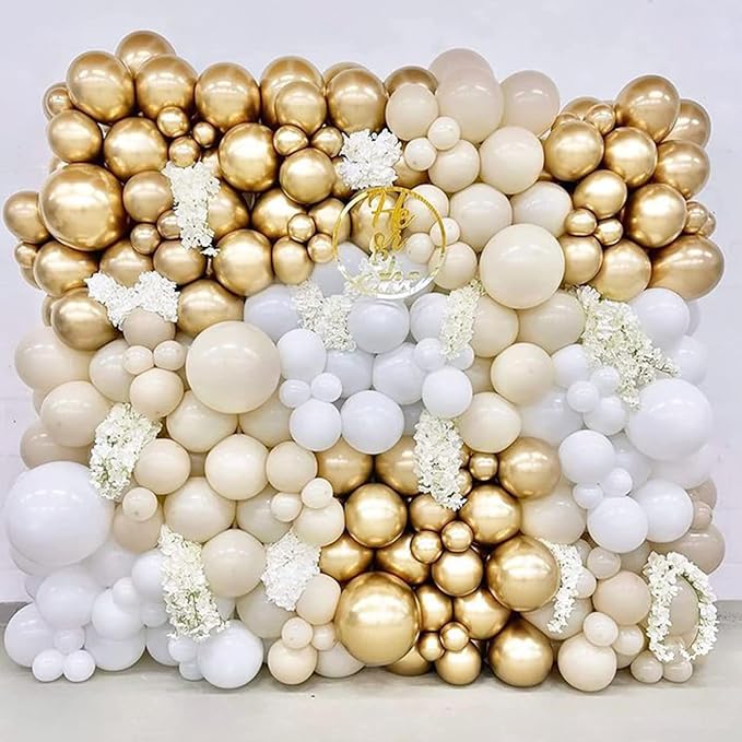 PartyWoo White and Gold Balloons, 140 pcs White and Metallic Gold Balloons Different Sizes Pack of 18 Inch 12 Inch 10 Inch 5 Inch for Balloon Garland or Arch as Birthday Decorations, Party Decorations