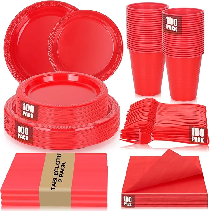 Red Plastic Dinnerware Set for Party, Disposable Plates for 100 Guests, 9" Dinner Plates & 7" Dessert Plates,Cups,Napkins,Forks,Plastic Plate Set for Birthday,BBQ,Christmas