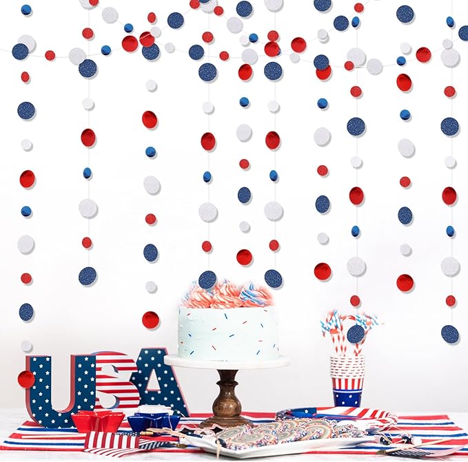 Outus 10 Pieces Blue,White,Red Round Dots Garland Easter Graduation Party Hanging Decor Each Length 13.1ft Glitter Paper Dot Streamers for Birthday Wedding Classroom