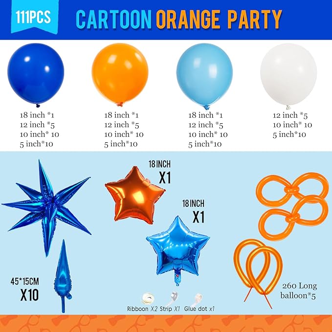 Blue and Orange Balloon Garland Arch Kit 110PCS with long balloon Mylar Foil Star Shape Balloons for kids 3th 6th TV Cartoon dog baby Theme Birthday baby shower Party Decorations