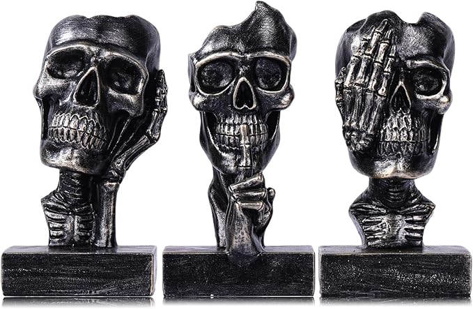 See Hear Speak No Evil Skeleton Figurines Set,Gothic Evil Skull Trio Statue,Vintage Skeletons for Halloween Decorations Indoor,Living Room Fireplace Floating Shelf Coffee Table Centerpiece Decor