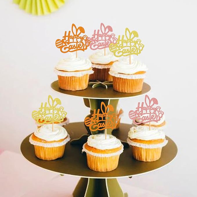 Ercadio 24Pcs Gold Pink Orange Happy Easter Cupcake Toppers Glitter Happy Easter Bunny Ears Cupcake Picks for Easter Day Baby Shower Easter Birthday Wedding Anniversary Party Decor Supplies